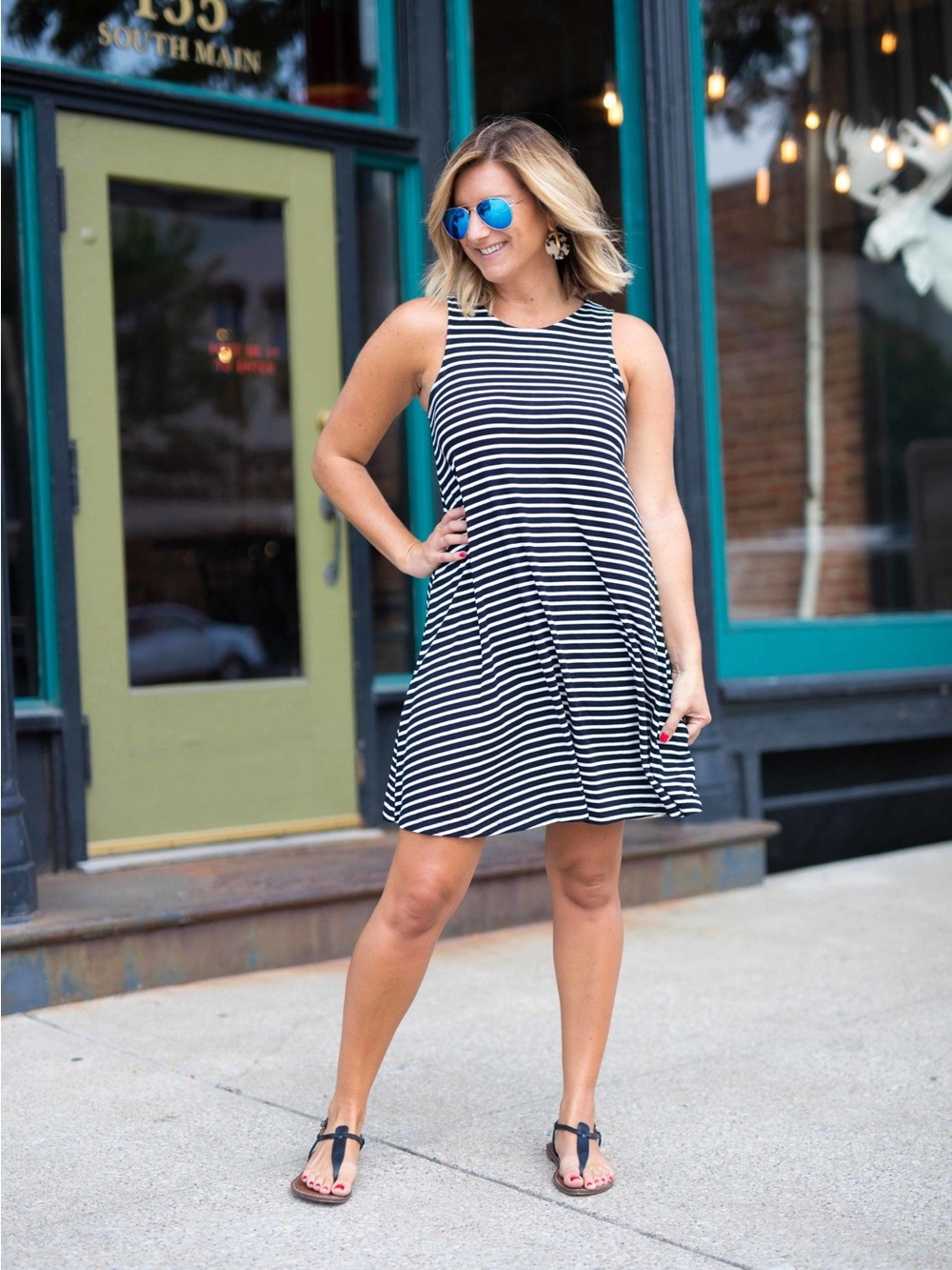 Women's Black & White Striped Sleeveless Swing Dress
